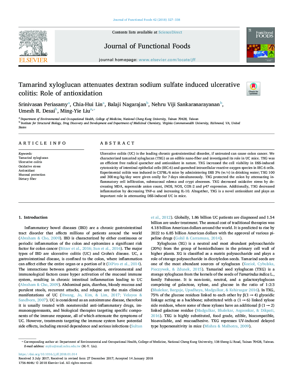 Tamarind xyloglucan attenuates dextran sodium sulfate induced ulcerative colitis: Role of antioxidation