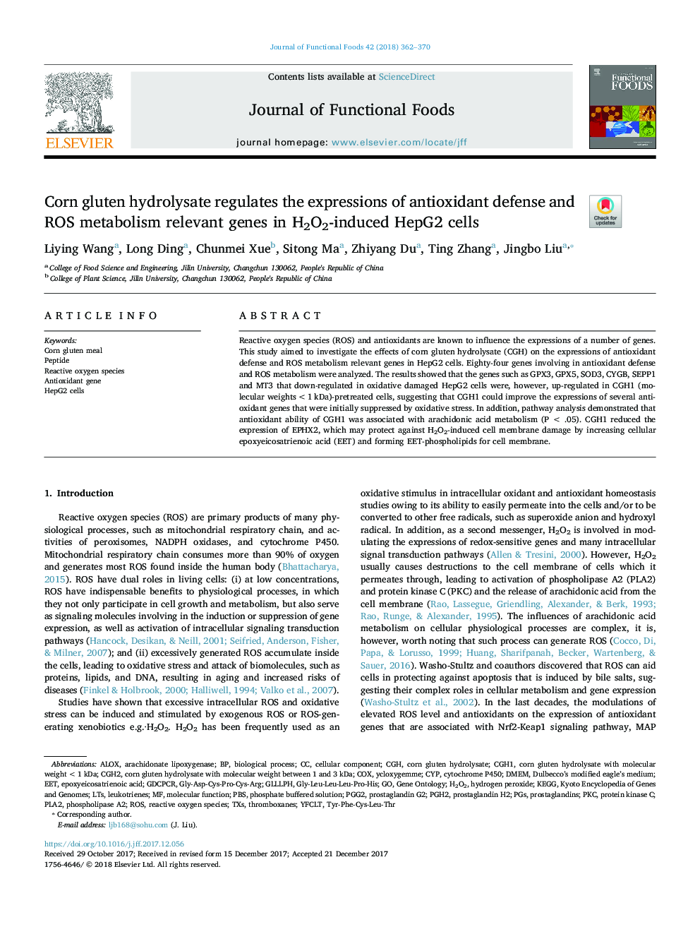 Corn gluten hydrolysate regulates the expressions of antioxidant defense and ROS metabolism relevant genes in H2O2-induced HepG2 cells