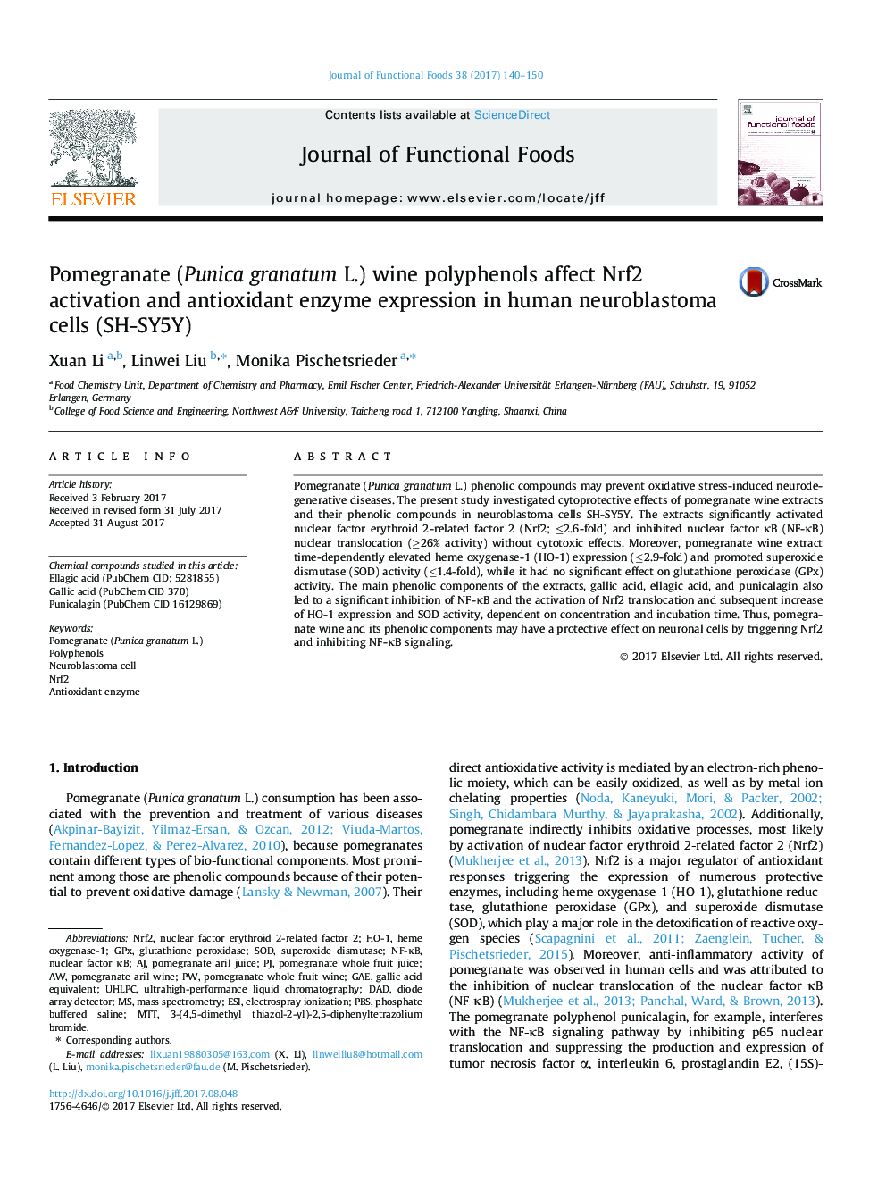 Pomegranate (Punica granatum L.) wine polyphenols affect Nrf2 activation and antioxidant enzyme expression in human neuroblastoma cells (SH-SY5Y)