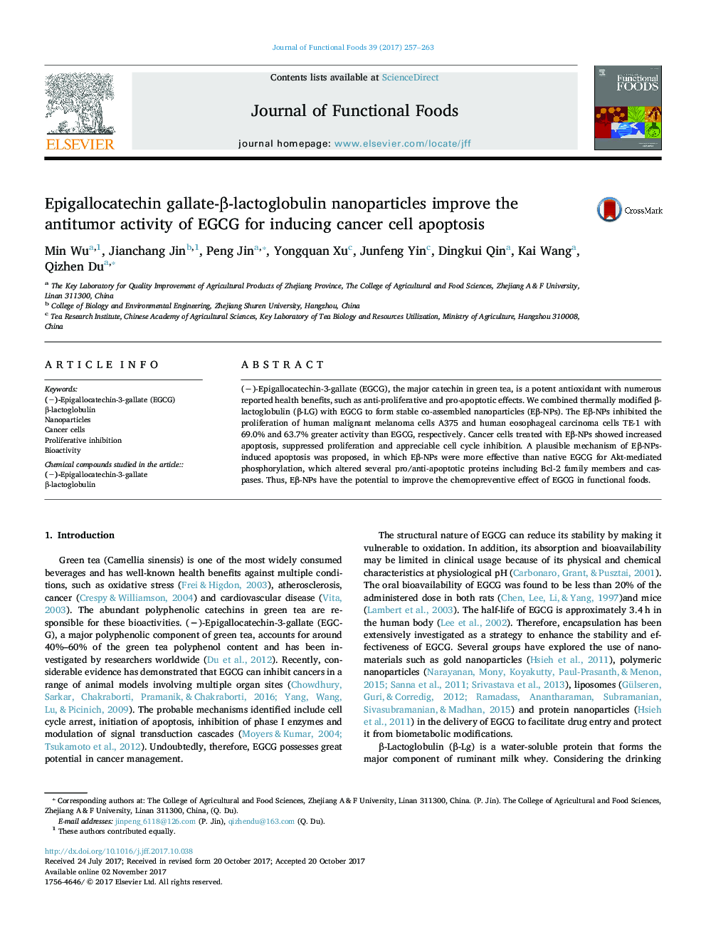 Epigallocatechin gallate-Î²-lactoglobulin nanoparticles improve the antitumor activity of EGCG for inducing cancer cell apoptosis