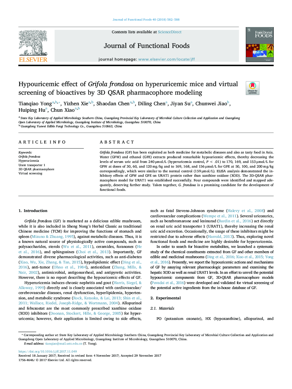 Hypouricemic effect of Grifola frondosa on hyperuricemic mice and virtual screening of bioactives by 3D QSAR pharmacophore modeling