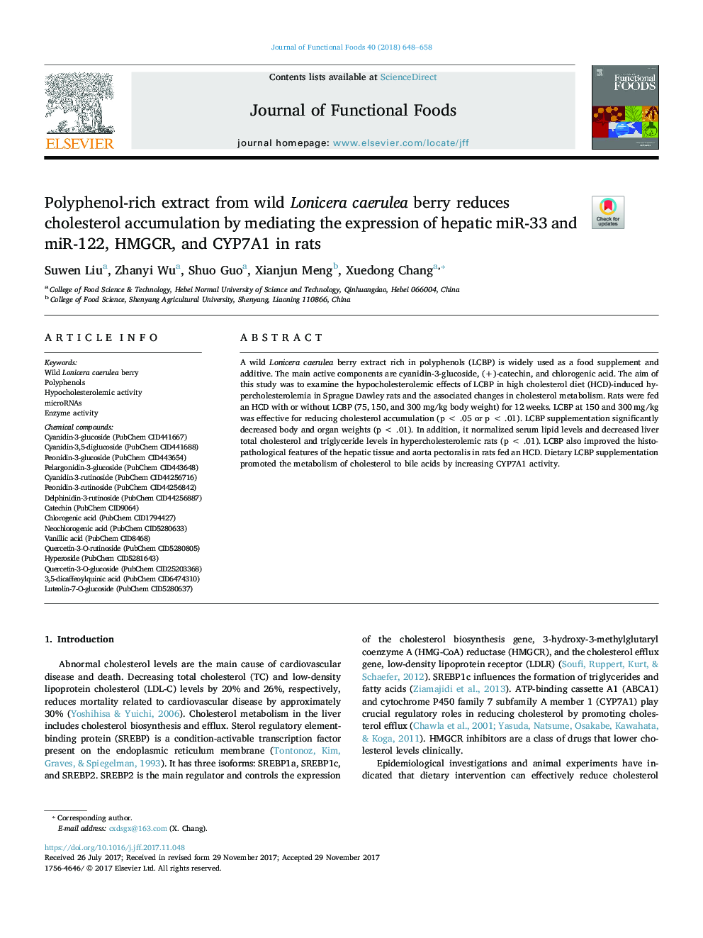 Polyphenol-rich extract from wild Lonicera caerulea berry reduces cholesterol accumulation by mediating the expression of hepatic miR-33 and miR-122, HMGCR, and CYP7A1 in rats