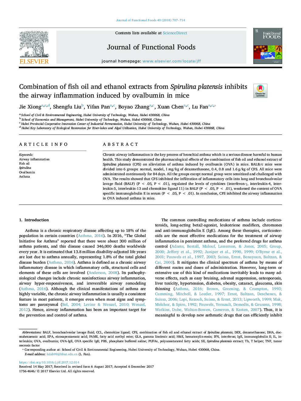 Combination of fish oil and ethanol extracts from Spirulina platensis inhibits the airway inflammation induced by ovalbumin in mice