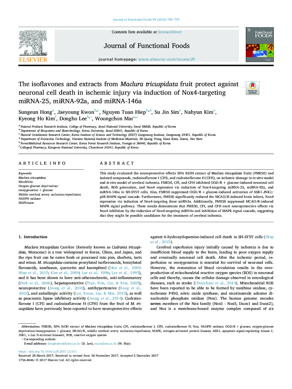 The isoflavones and extracts from Maclura tricuspidata fruit protect against neuronal cell death in ischemic injury via induction of Nox4-targeting miRNA-25, miRNA-92a, and miRNA-146a