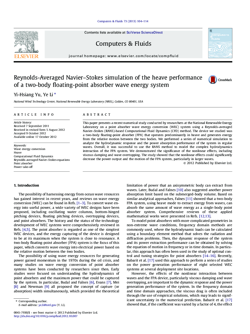 Reynolds-Averaged Navier–Stokes simulation of the heave performance of a two-body floating-point absorber wave energy system