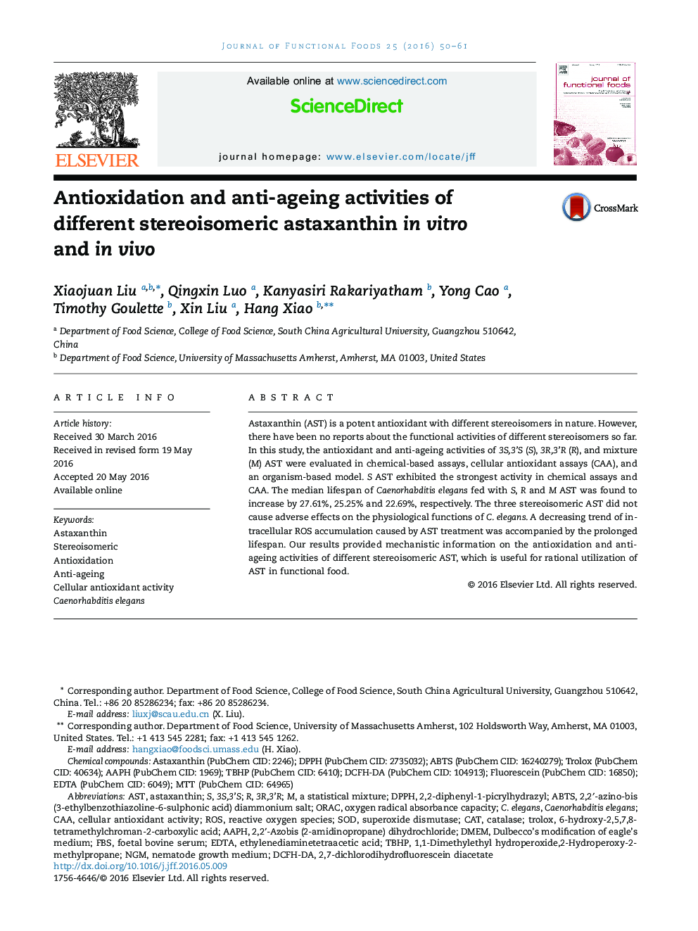 Antioxidation and anti-ageing activities of different stereoisomeric astaxanthin in vitro and in vivo