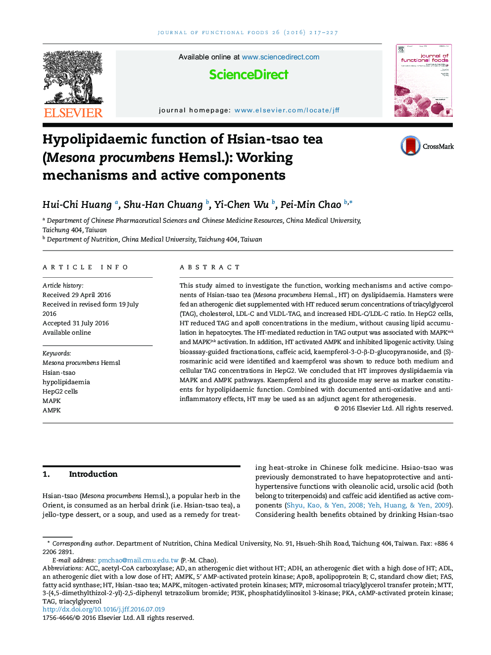 Hypolipidaemic function of Hsian-tsao tea (Mesona procumbens Hemsl.): Working mechanisms and active components