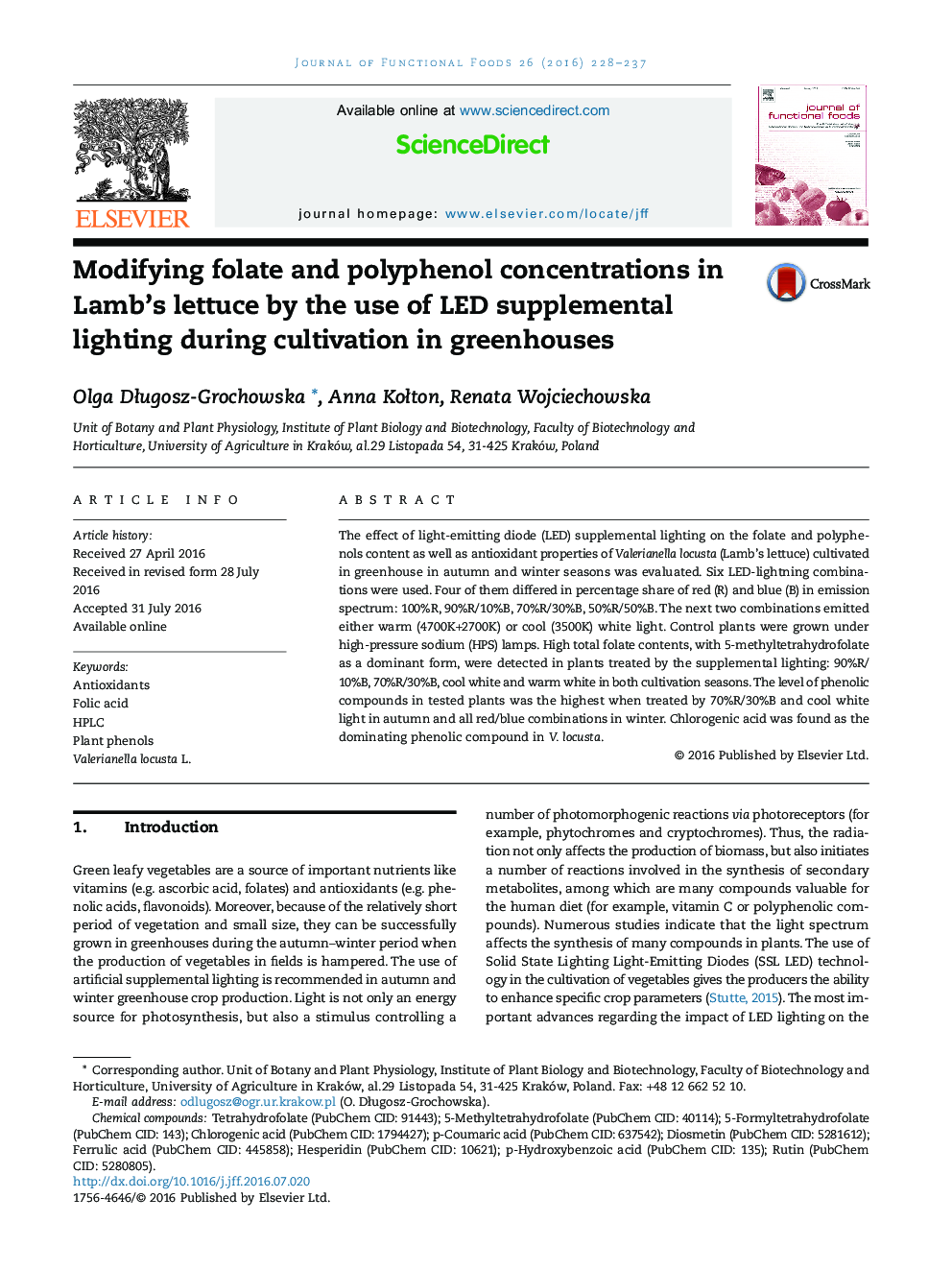 Modifying folate and polyphenol concentrations in Lamb's lettuce by the use of LED supplemental lighting during cultivation in greenhouses