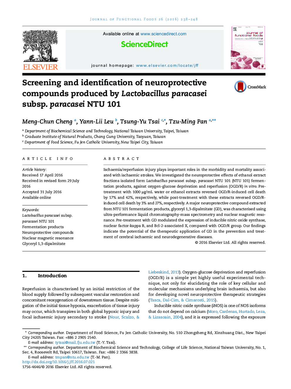 Screening and identification of neuroprotective compounds produced by Lactobacillus paracasei subsp. paracasei NTU 101