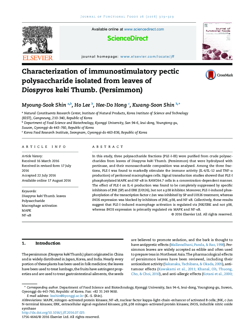 Characterization of immunostimulatory pectic polysaccharide isolated from leaves of Diospyros kaki Thumb. (Persimmon)