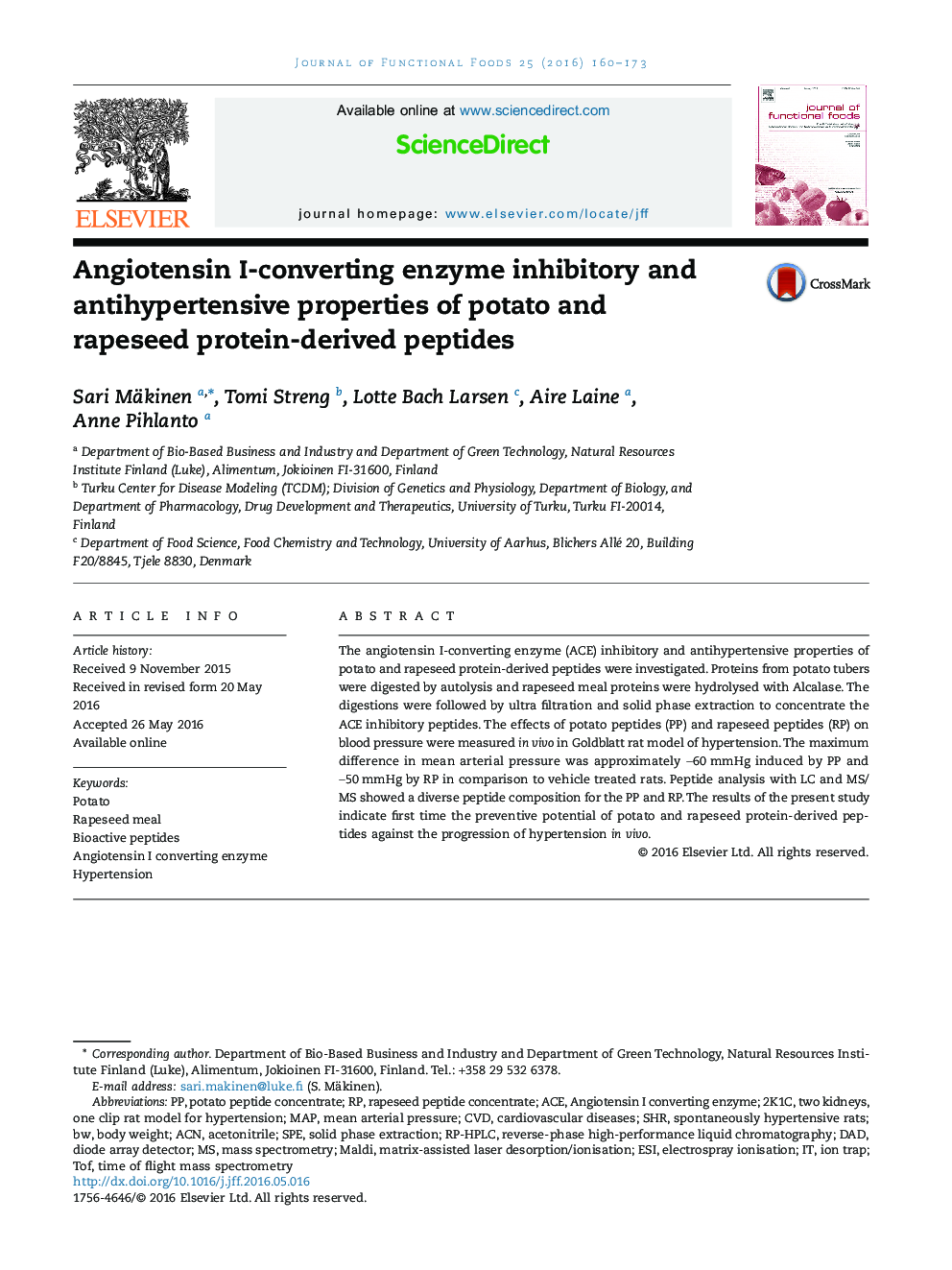 Angiotensin I-converting enzyme inhibitory and antihypertensive properties of potato and rapeseed protein-derived peptides