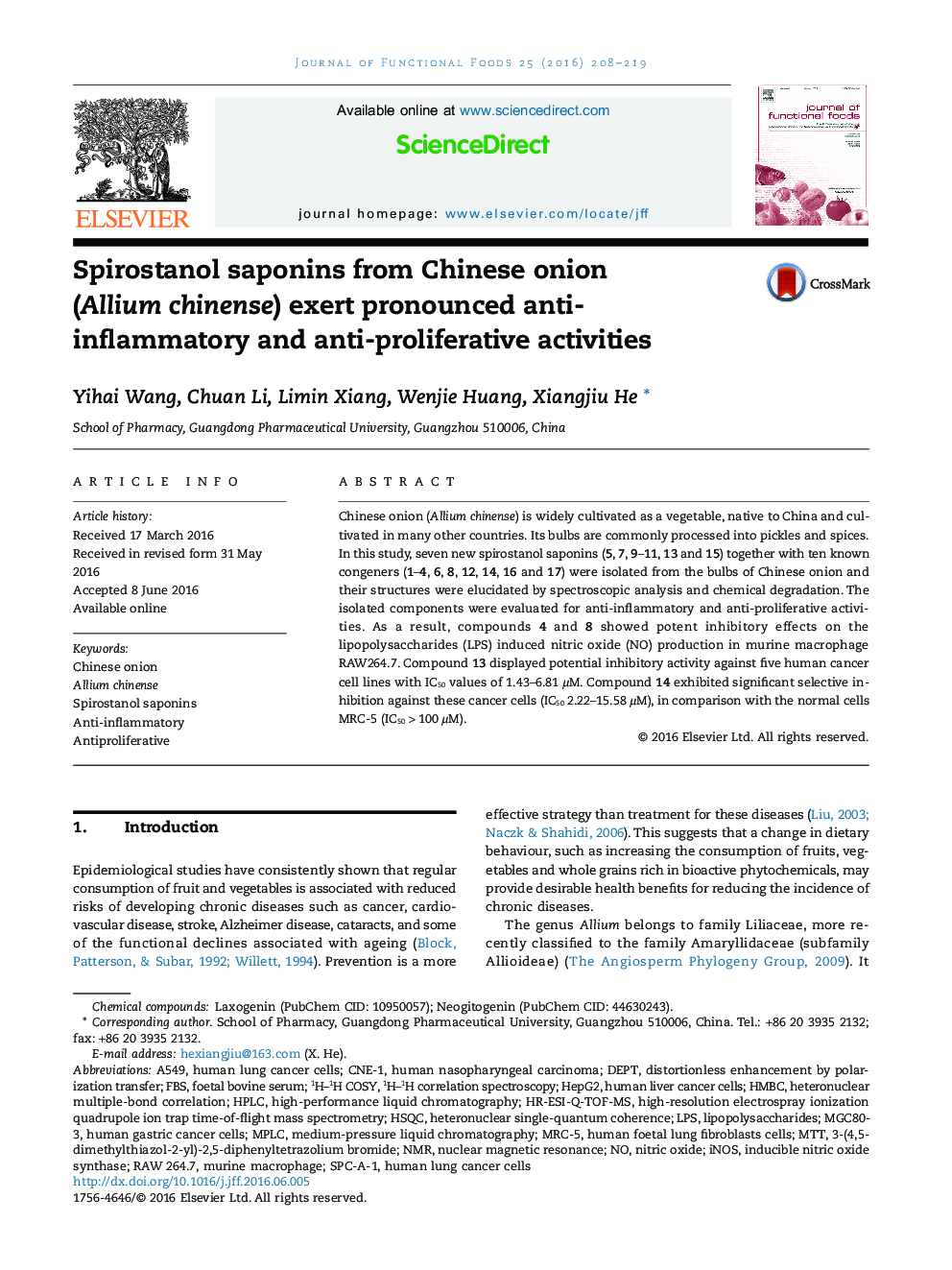 Spirostanol saponins from Chinese onion (Allium chinense) exert pronounced anti-inflammatory and anti-proliferative activities