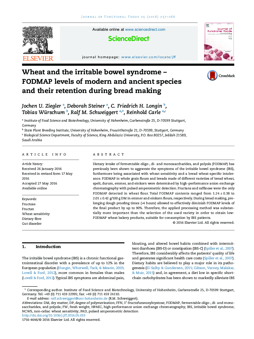 Wheat and the irritable bowel syndrome - FODMAP levels of modern and ancient species and their retention during bread making