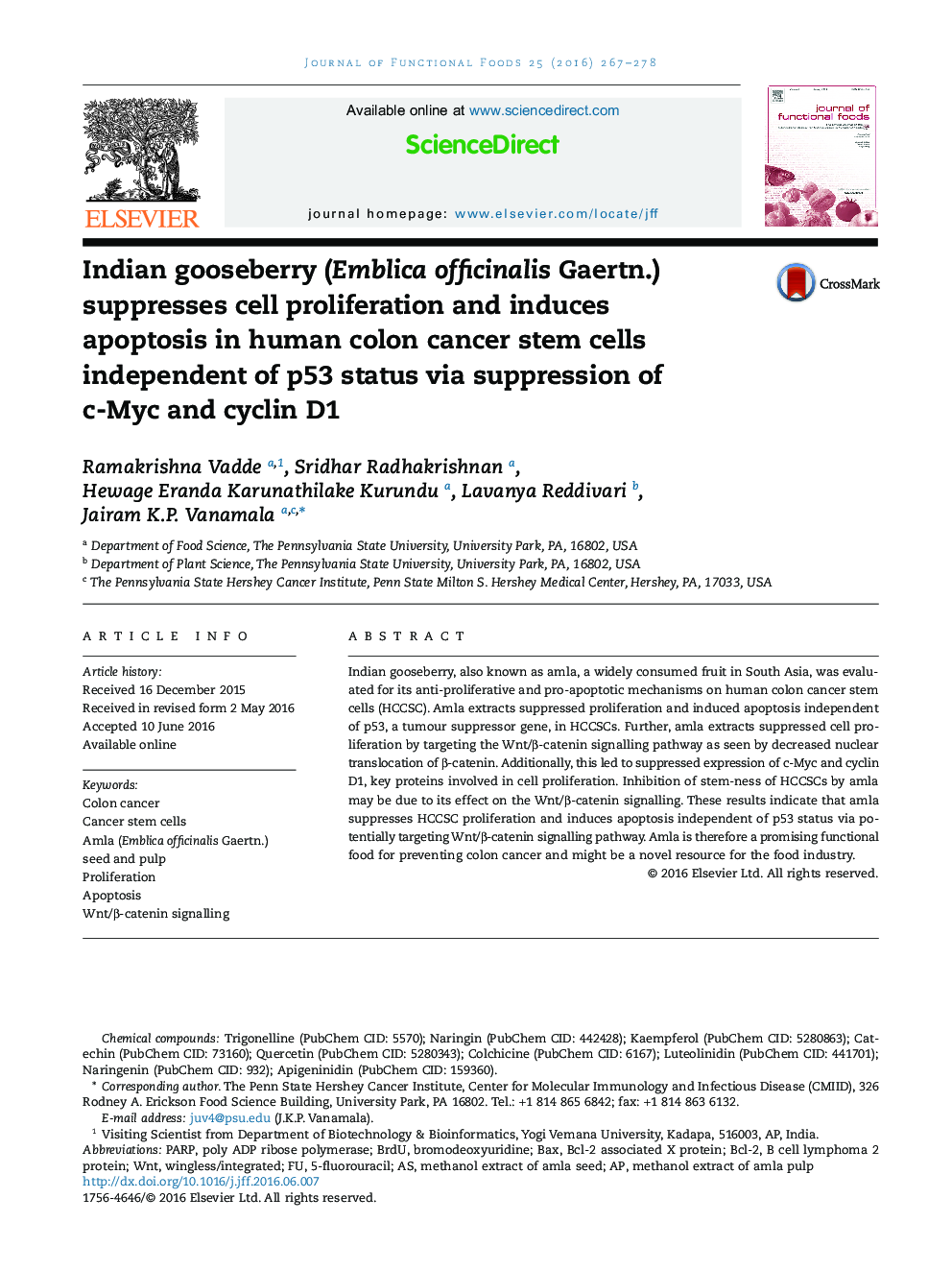 Indian gooseberry (Emblica officinalis Gaertn.) suppresses cell proliferation and induces apoptosis in human colon cancer stem cells independent of p53 status via suppression of c-Myc and cyclin D1