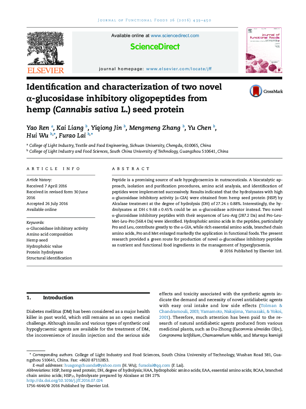 Identification and characterization of two novel Î±-glucosidase inhibitory oligopeptides from hemp (Cannabis sativa L.) seed protein