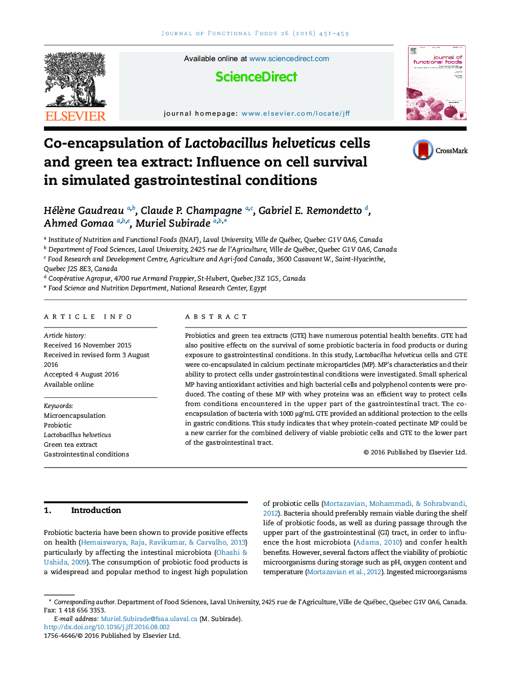 Co-encapsulation of Lactobacillus helveticus cells and green tea extract: Influence on cell survival in simulated gastrointestinal conditions