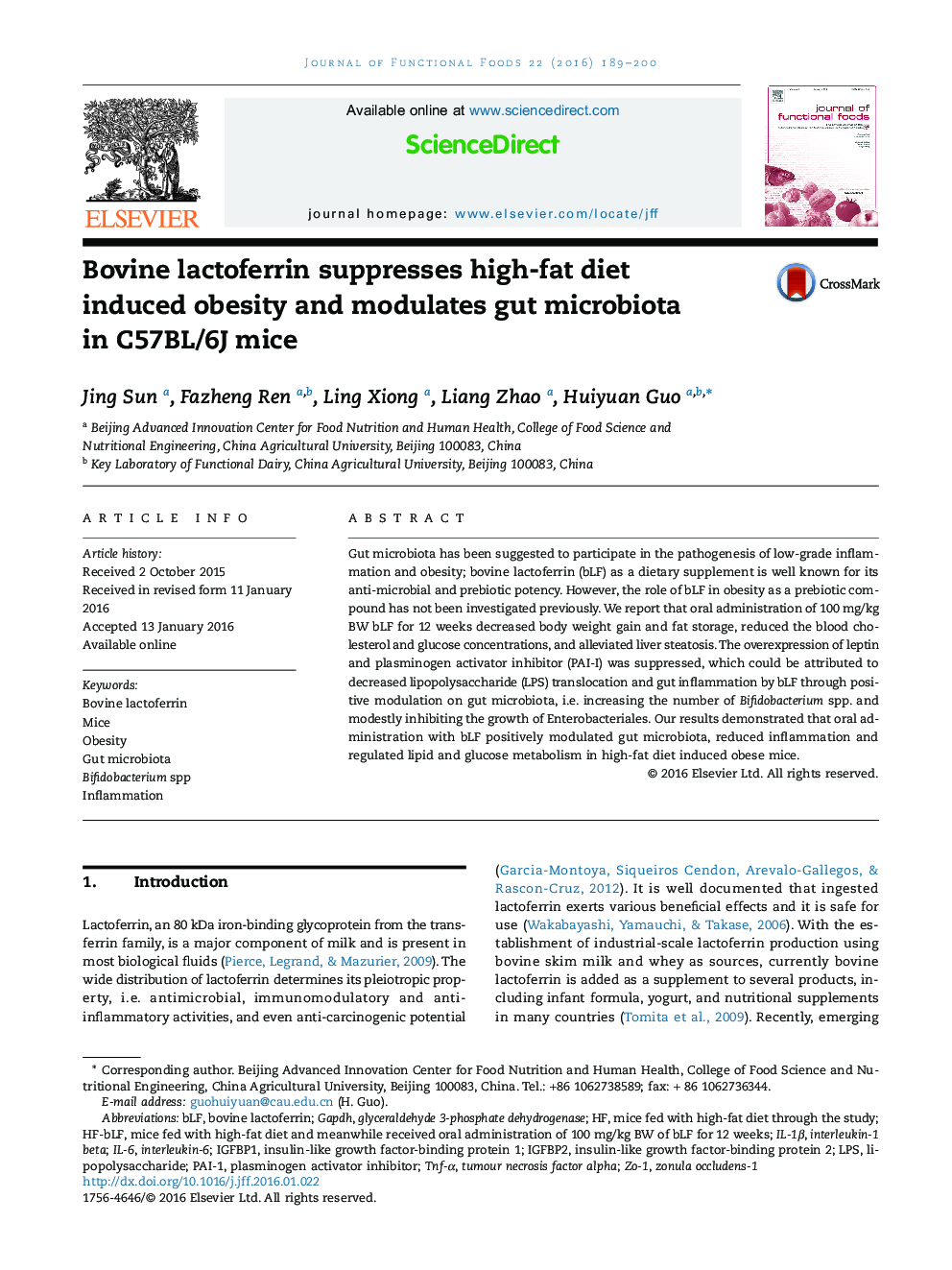 Bovine lactoferrin suppresses high-fat diet induced obesity and modulates gut microbiota in C57BL/6J mice