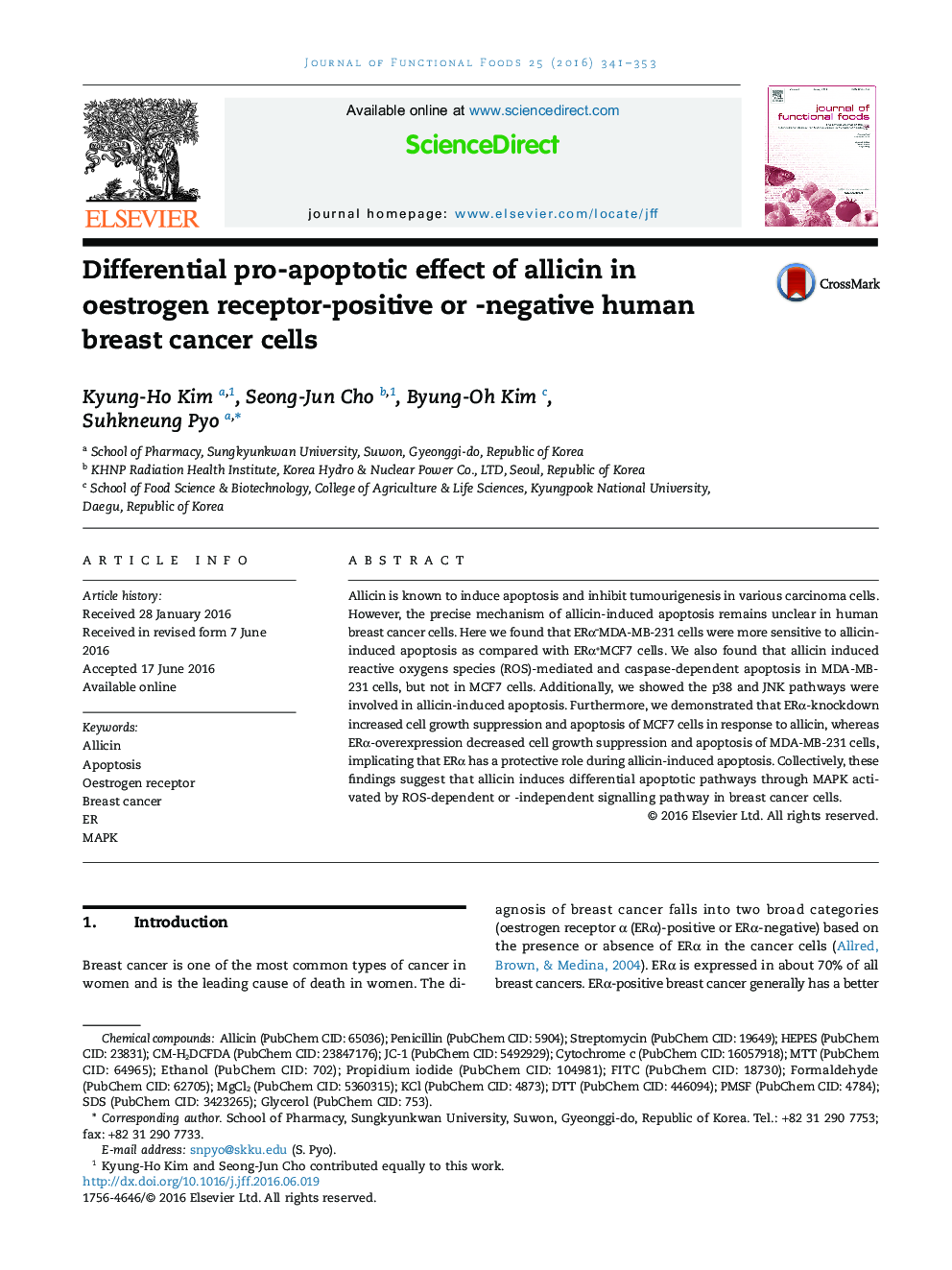 اثر متقابل پروپوپتوتیک آلیسین در سلولهای سرطان پستان انسانی مثبت یا ناسازگار گیرنده استروژن 