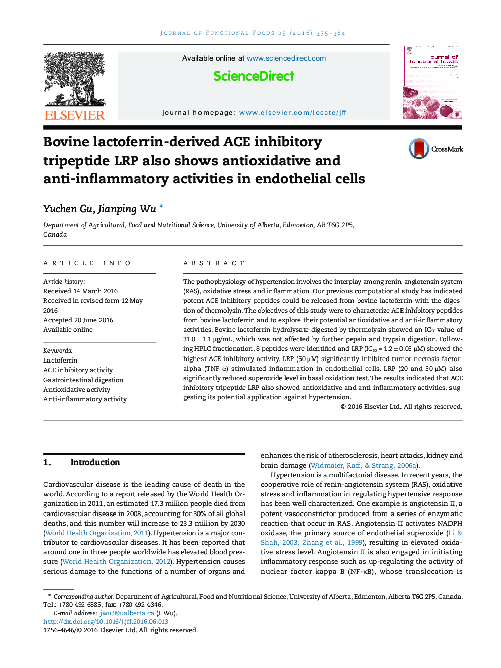 Bovine lactoferrin-derived ACE inhibitory tripeptide LRP also shows antioxidative and anti-inflammatory activities in endothelial cells