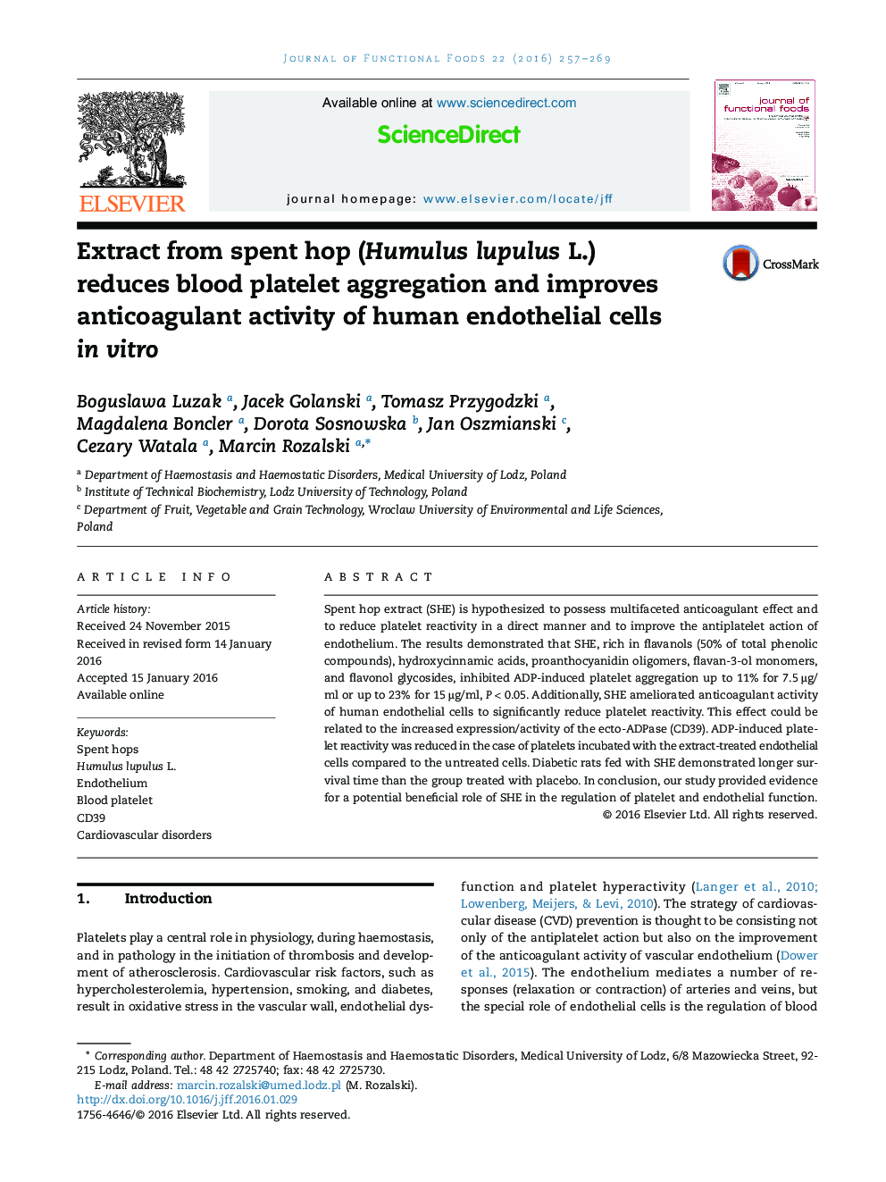 Extract from spent hop (Humulus lupulus L.) reduces blood platelet aggregation and improves anticoagulant activity of human endothelial cells in vitro