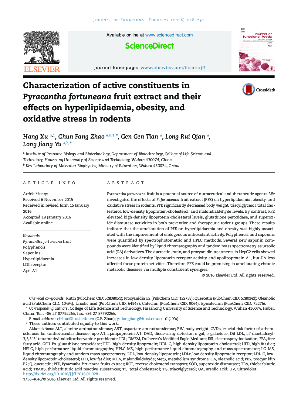 Characterization of active constituents in Pyracantha fortuneana fruit extract and their effects on hyperlipidaemia, obesity, and oxidative stress in rodents