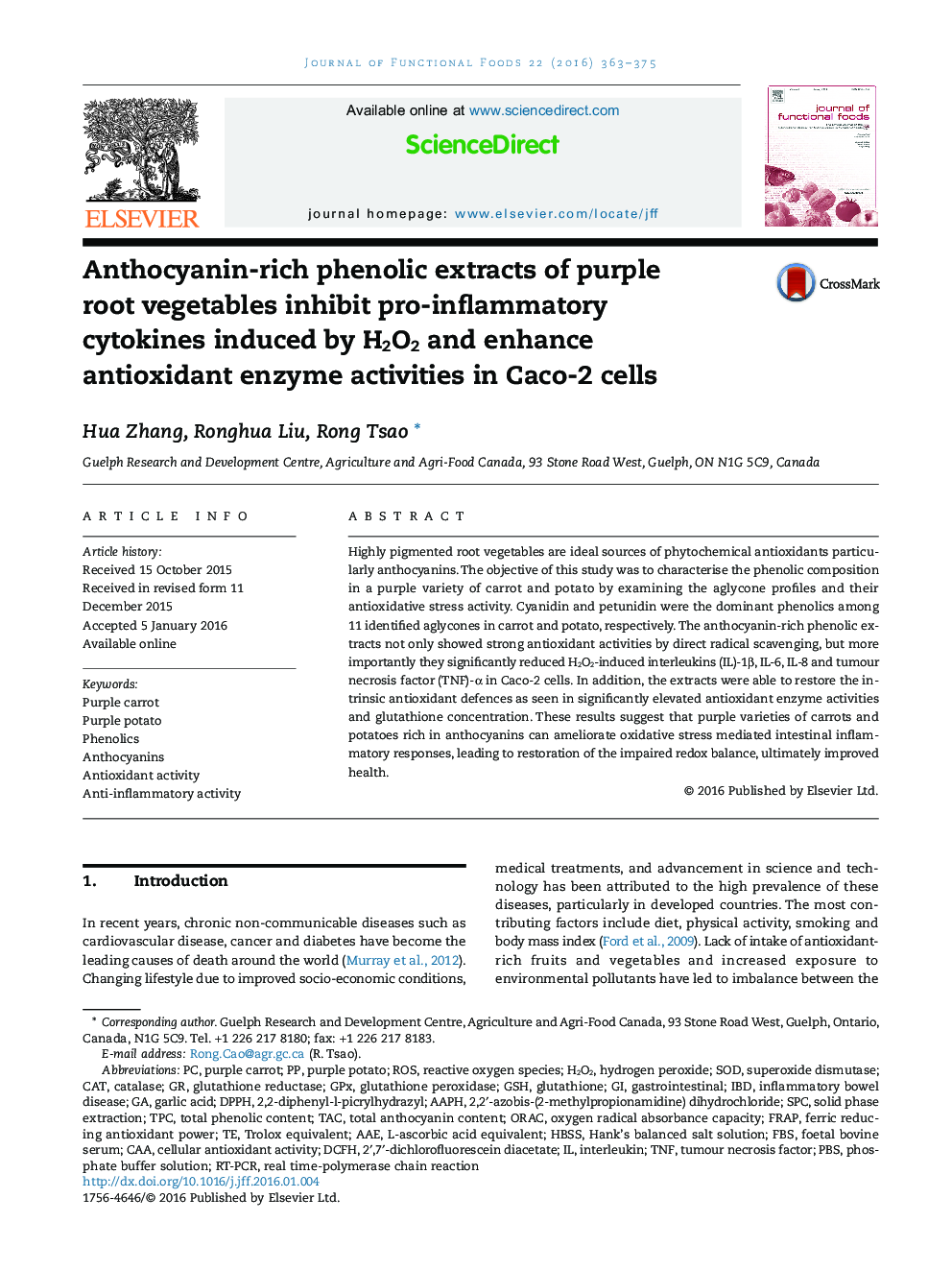 Anthocyanin-rich phenolic extracts of purple root vegetables inhibit pro-inflammatory cytokines induced by H2O2 and enhance antioxidant enzyme activities in Caco-2 cells