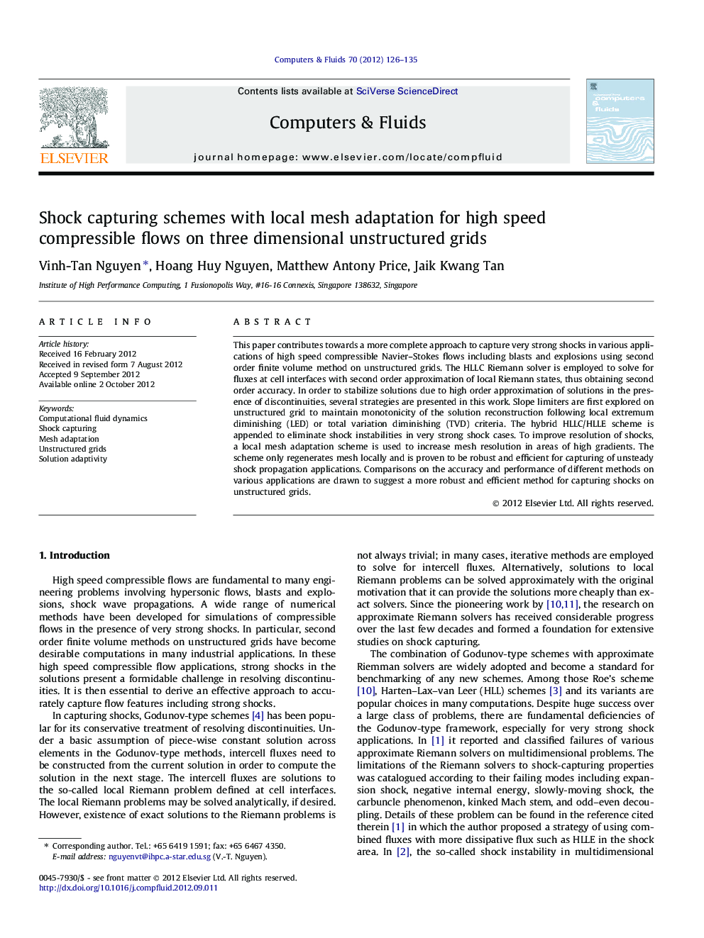 Shock capturing schemes with local mesh adaptation for high speed compressible flows on three dimensional unstructured grids