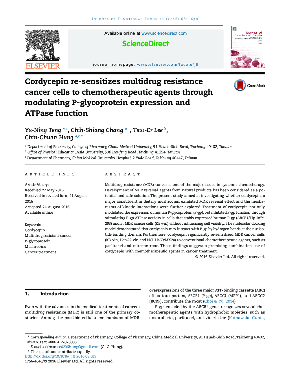 Cordycepin re-sensitizes multidrug resistance cancer cells to chemotherapeutic agents through modulating P-glycoprotein expression and ATPase function