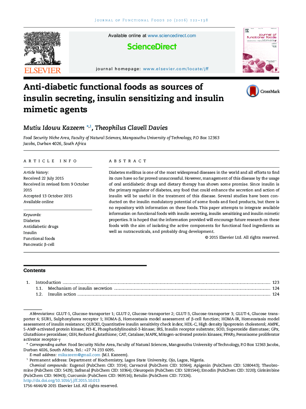 Anti-diabetic functional foods as sources of insulin secreting, insulin sensitizing and insulin mimetic agents