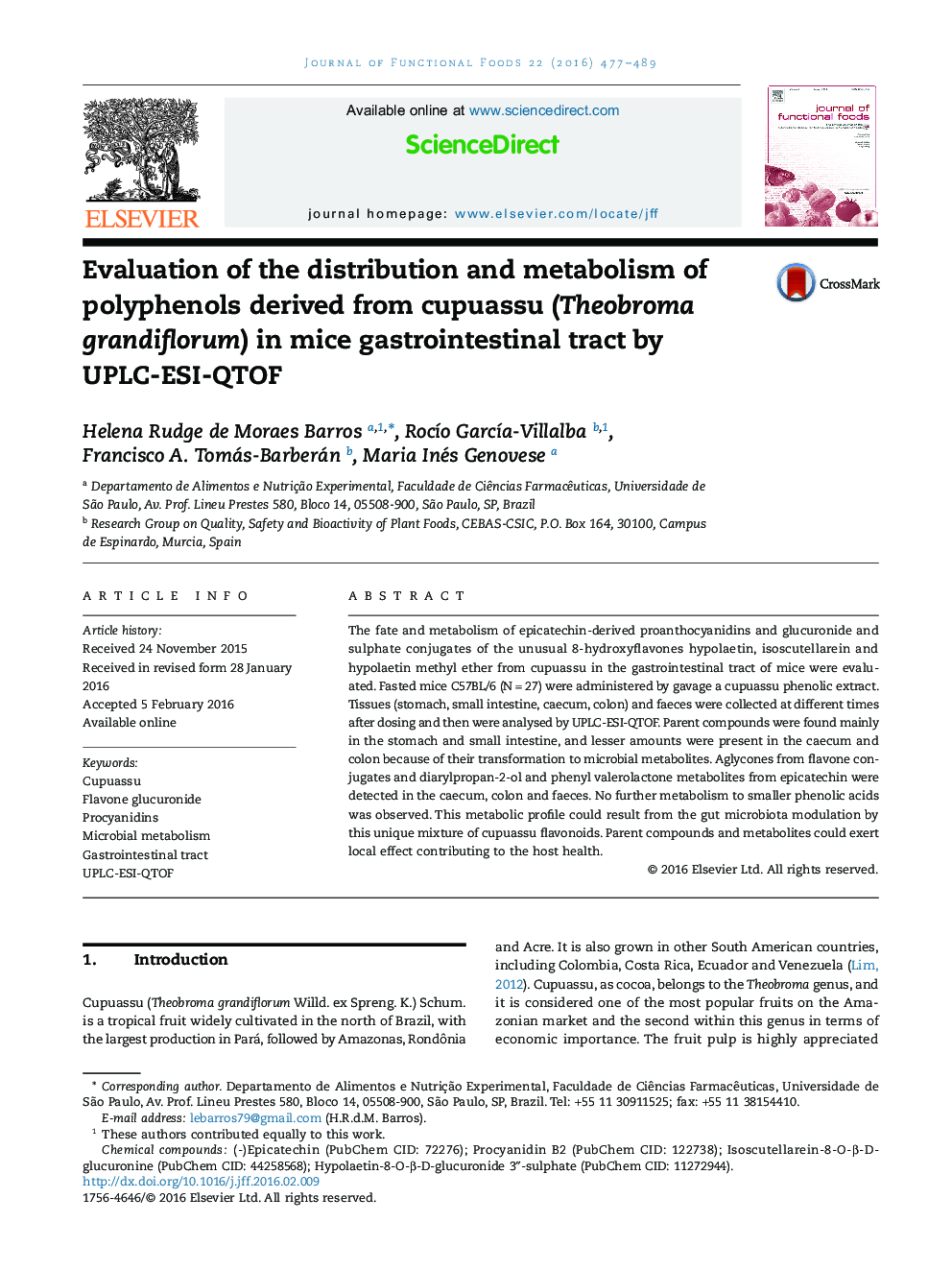 Evaluation of the distribution and metabolism of polyphenols derived from cupuassu (Theobroma grandiflorum) in mice gastrointestinal tract by UPLC-ESI-QTOF