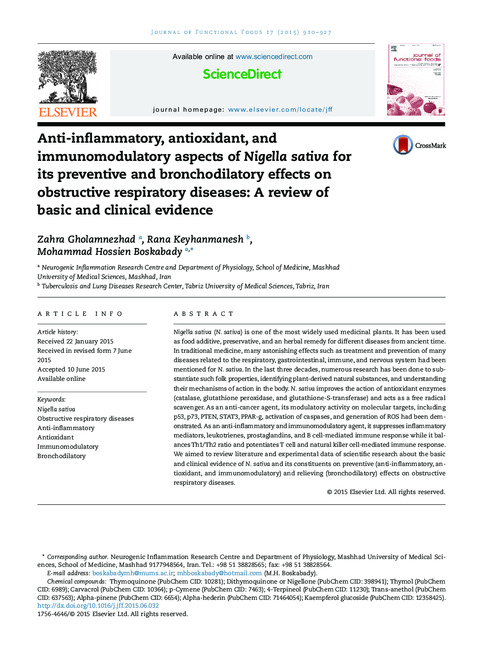 Anti-inflammatory, antioxidant, and immunomodulatory aspects of Nigella sativa for its preventive and bronchodilatory effects on obstructive respiratory diseases: A review of basic and clinical evidence