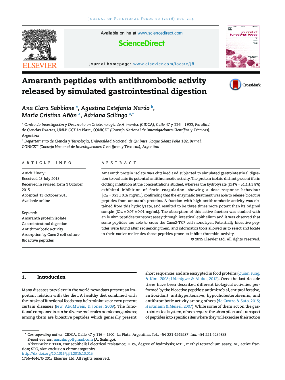 عکس صفحه اول مقاله: Amaranth peptides with antithrombotic activity released by simulated gastrointestinal digestion Amaranth peptides with antithrombotic activity released by simulated gastrointestinal digestion