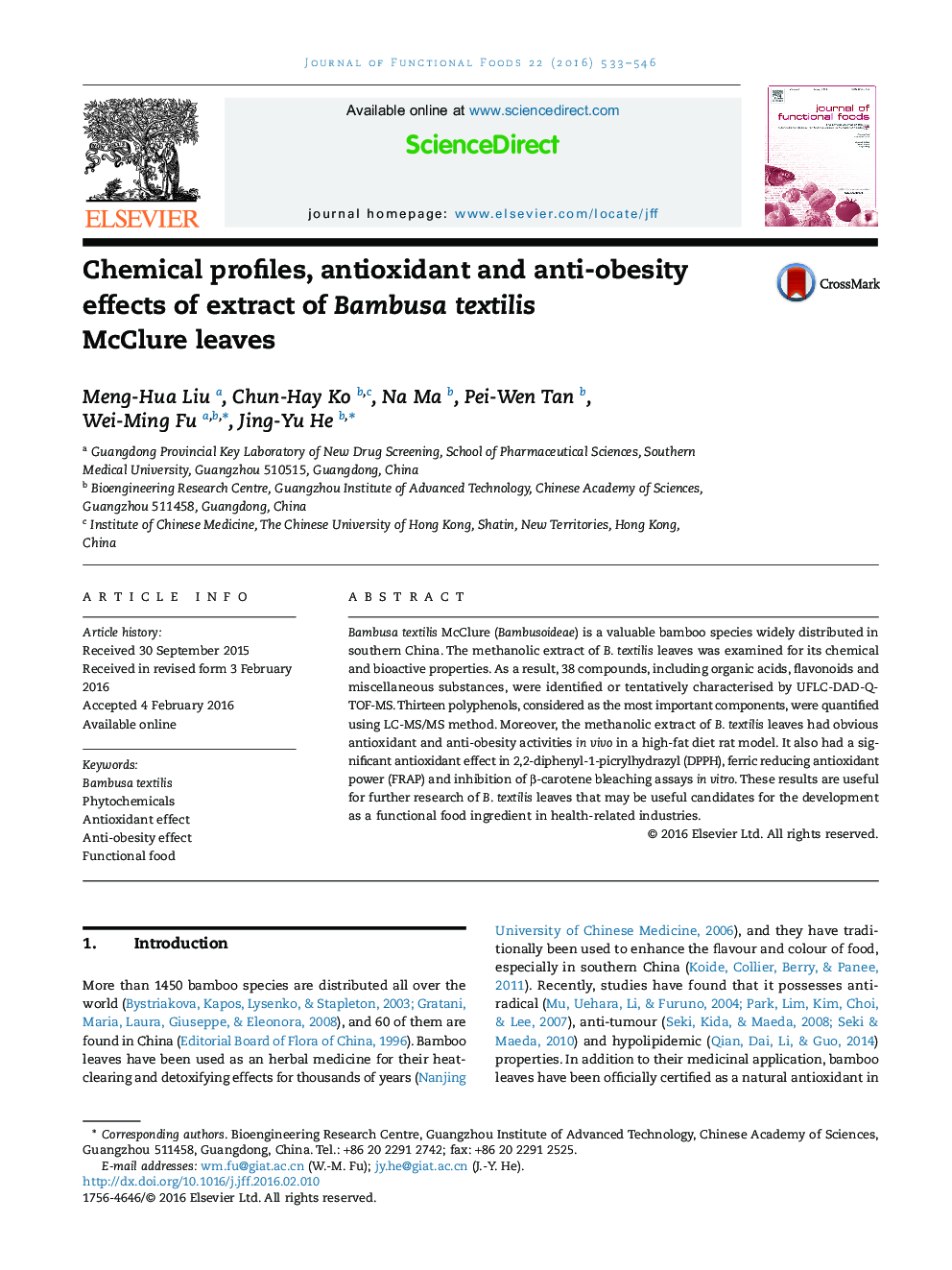 Chemical profiles, antioxidant and anti-obesity effects of extract of Bambusa textilis McClure leaves