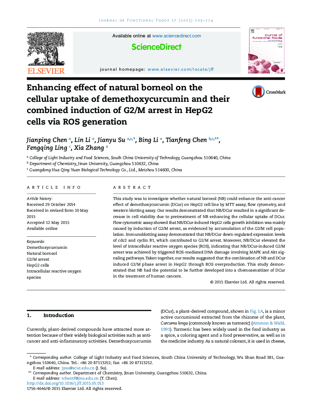 Enhancing effect of natural borneol on the cellular uptake of demethoxycurcumin and their combined induction of G2/M arrest in HepG2 cells via ROS generation