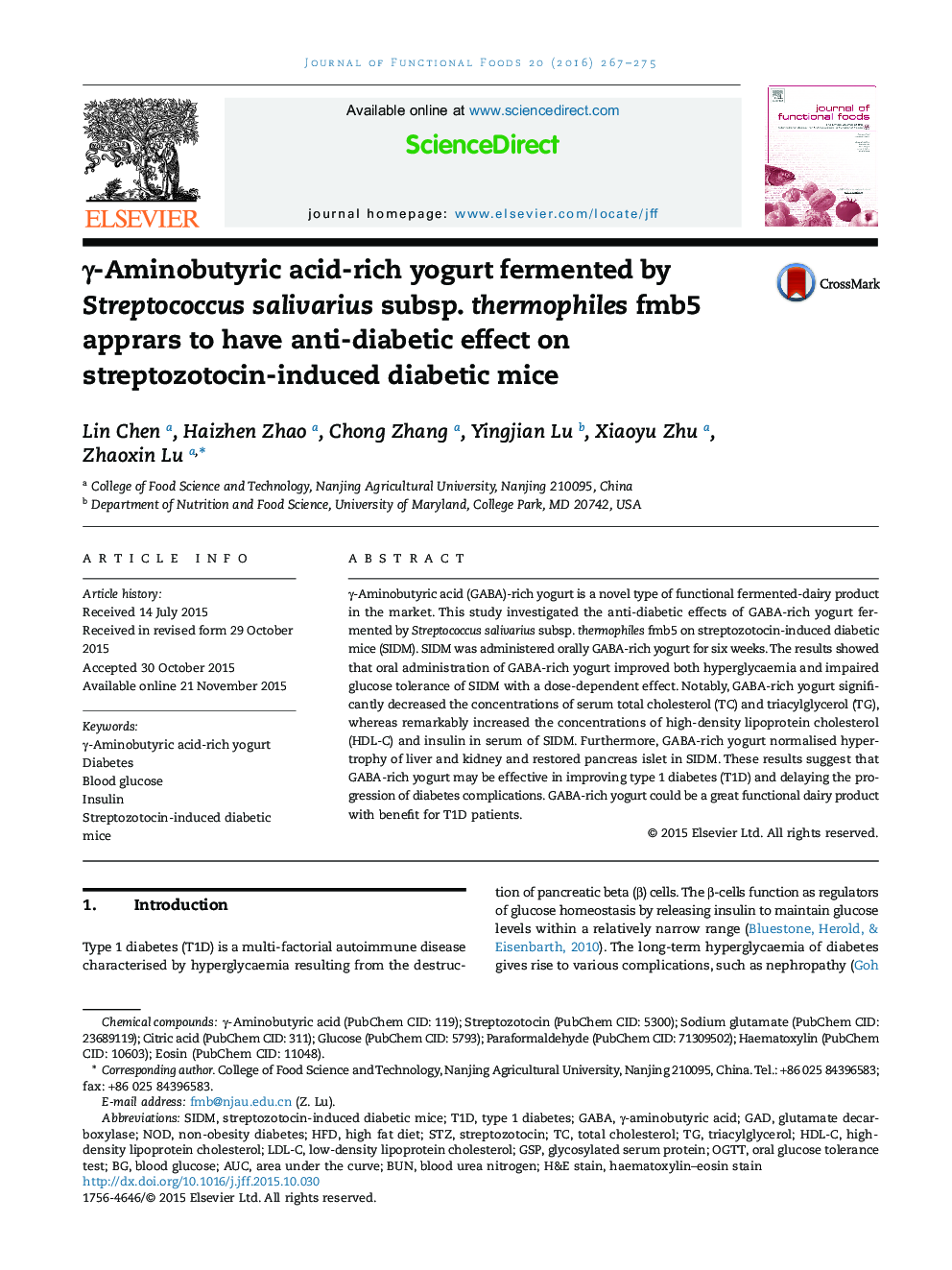 Î³-Aminobutyric acid-rich yogurt fermented by Streptococcus salivarius subsp. thermophiles fmb5 apprars to have anti-diabetic effect on streptozotocin-induced diabetic mice