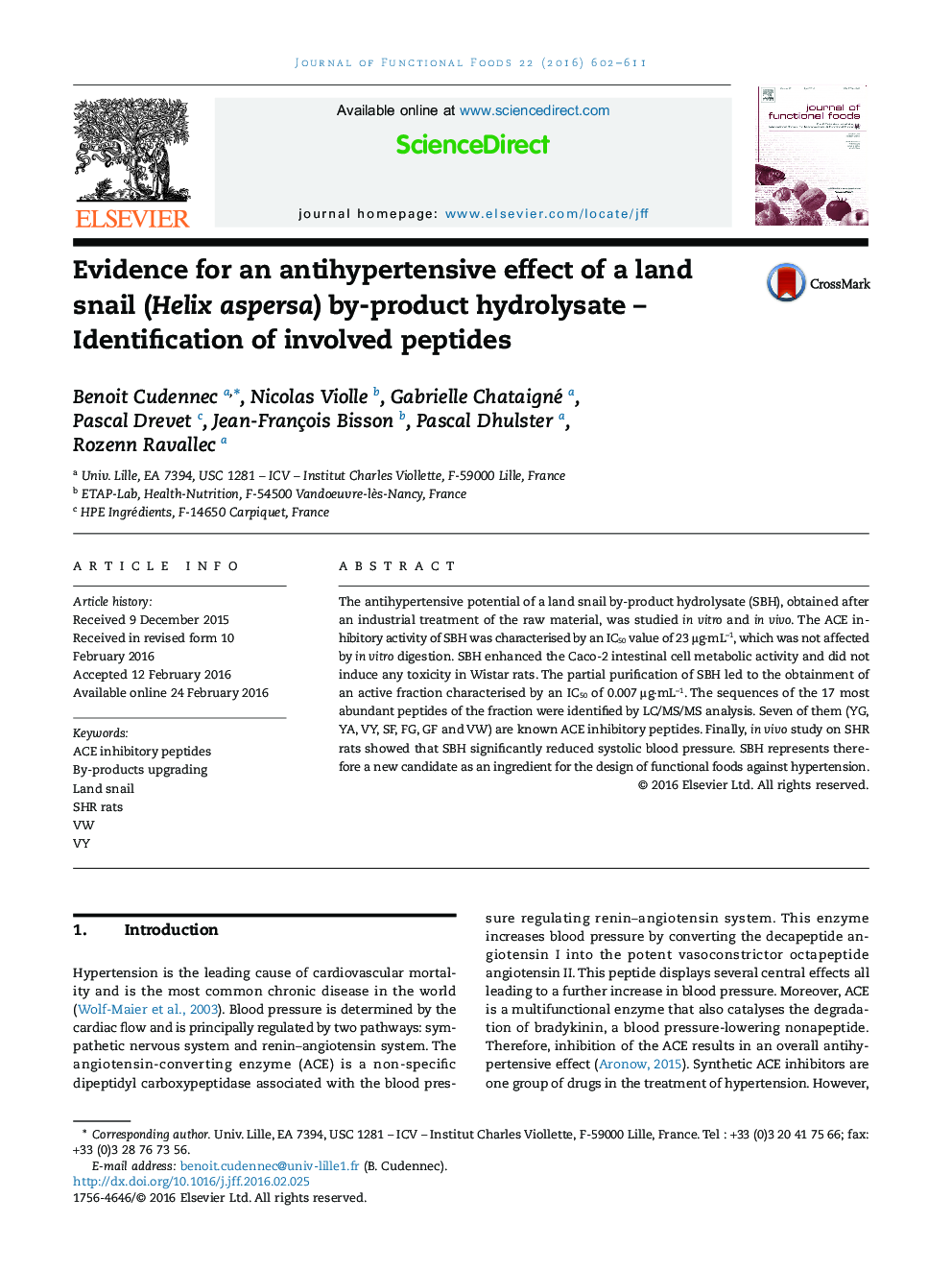 Evidence for an antihypertensive effect of a land snail (Helix aspersa) by-product hydrolysate - Identification of involved peptides