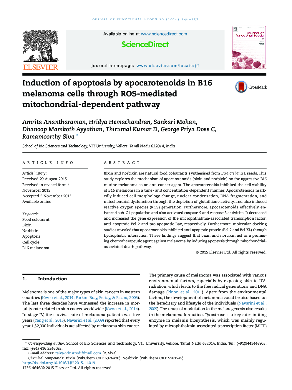 عکس صفحه اول مقاله: Induction of apoptosis by apocarotenoids in B16 melanoma cells through ROS-mediated mitochondrial-dependent pathway Induction of apoptosis by apocarotenoids in B16 melanoma cells through ROS-mediated mitochondrial-dependent pathway