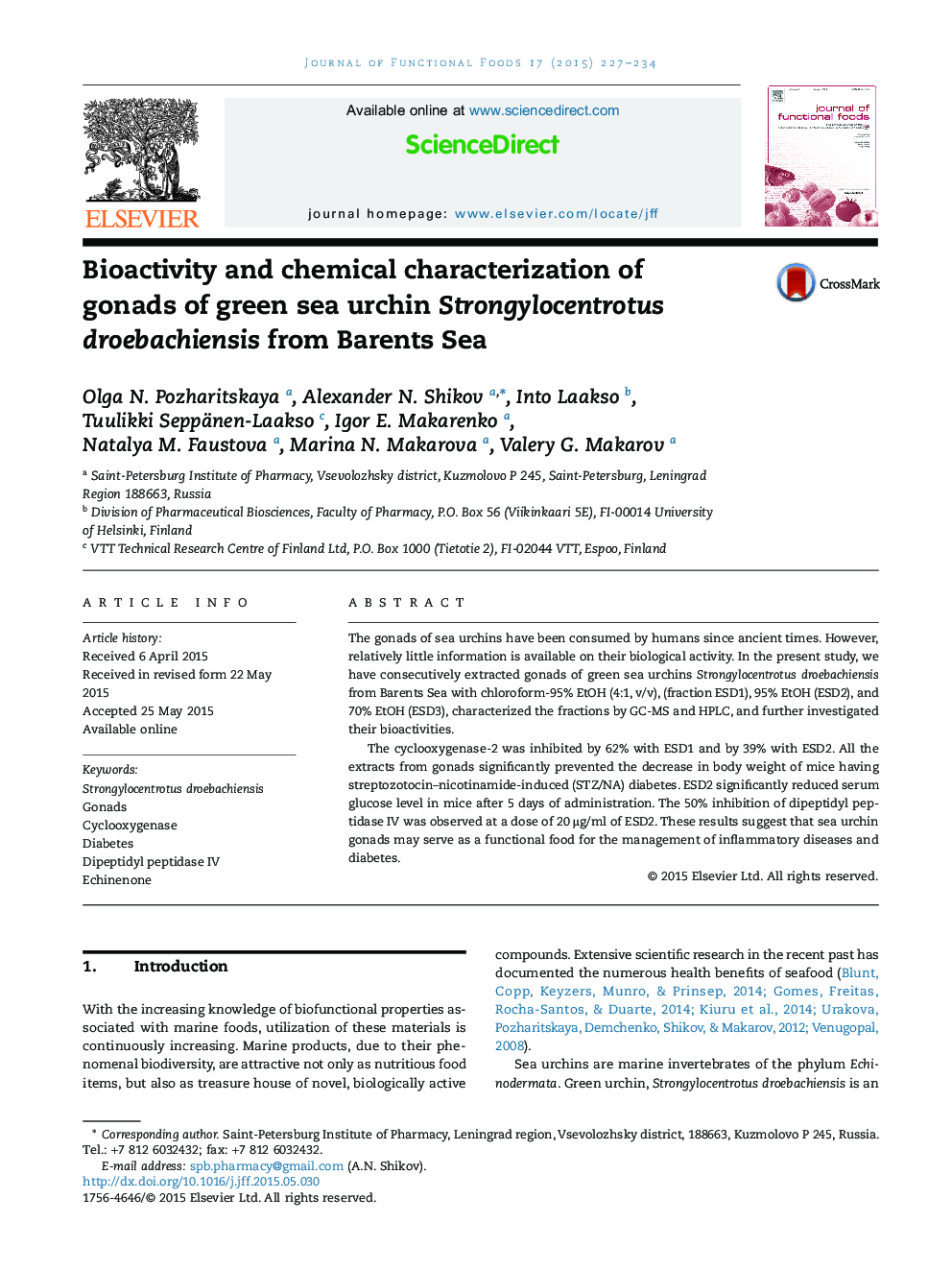 Bioactivity and chemical characterization of gonads of green sea urchin Strongylocentrotus droebachiensis from Barents Sea