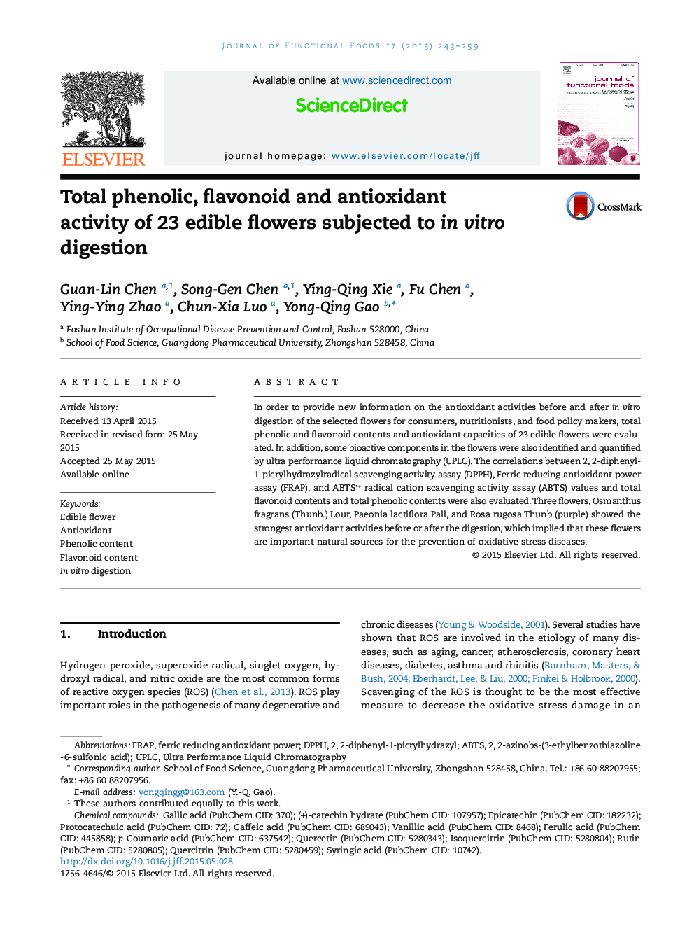 Total phenolic, flavonoid and antioxidant activity of 23 edible flowers subjected to in vitro digestion