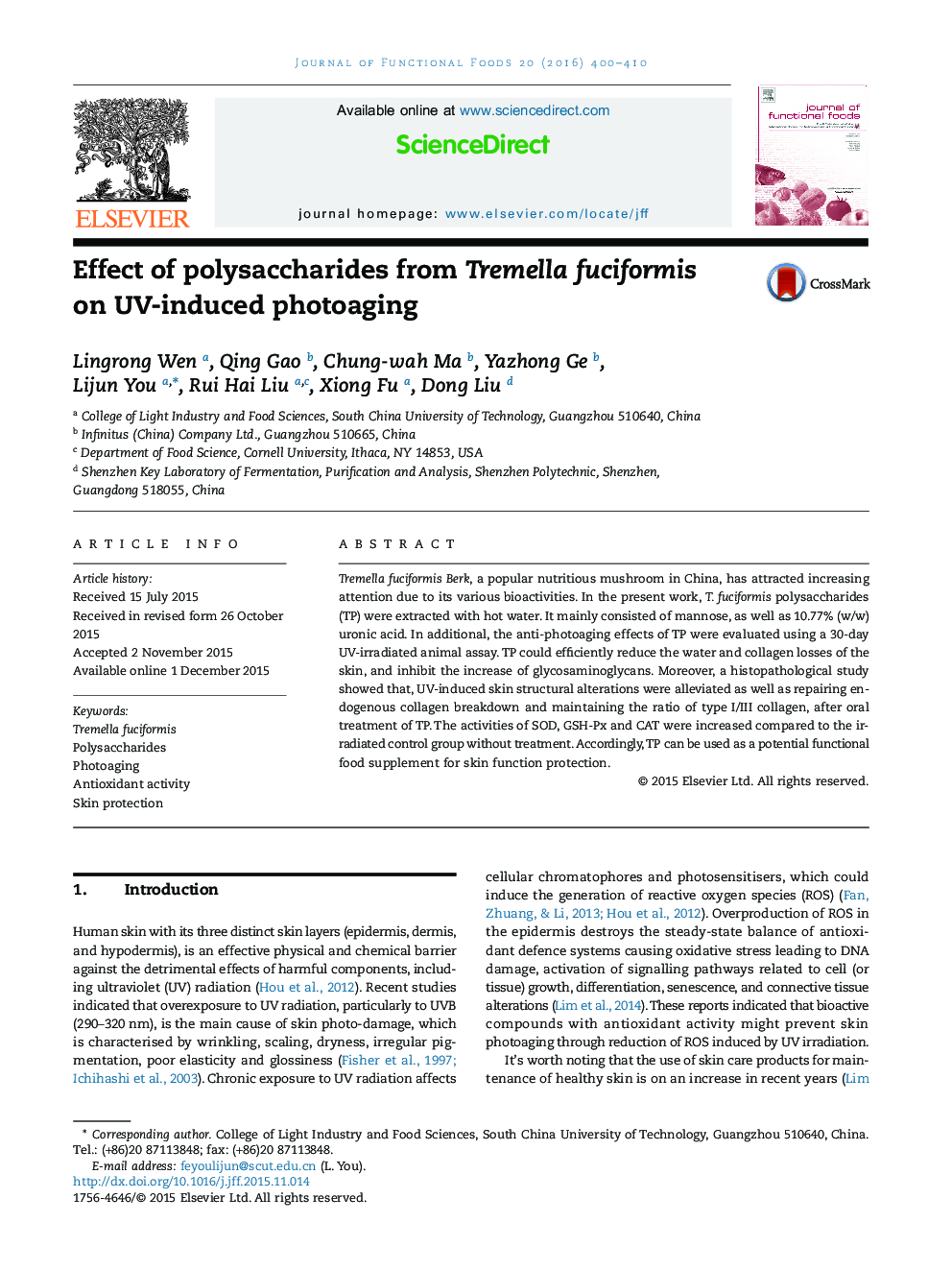 Effect of polysaccharides from Tremella fuciformis on UV-induced photoaging