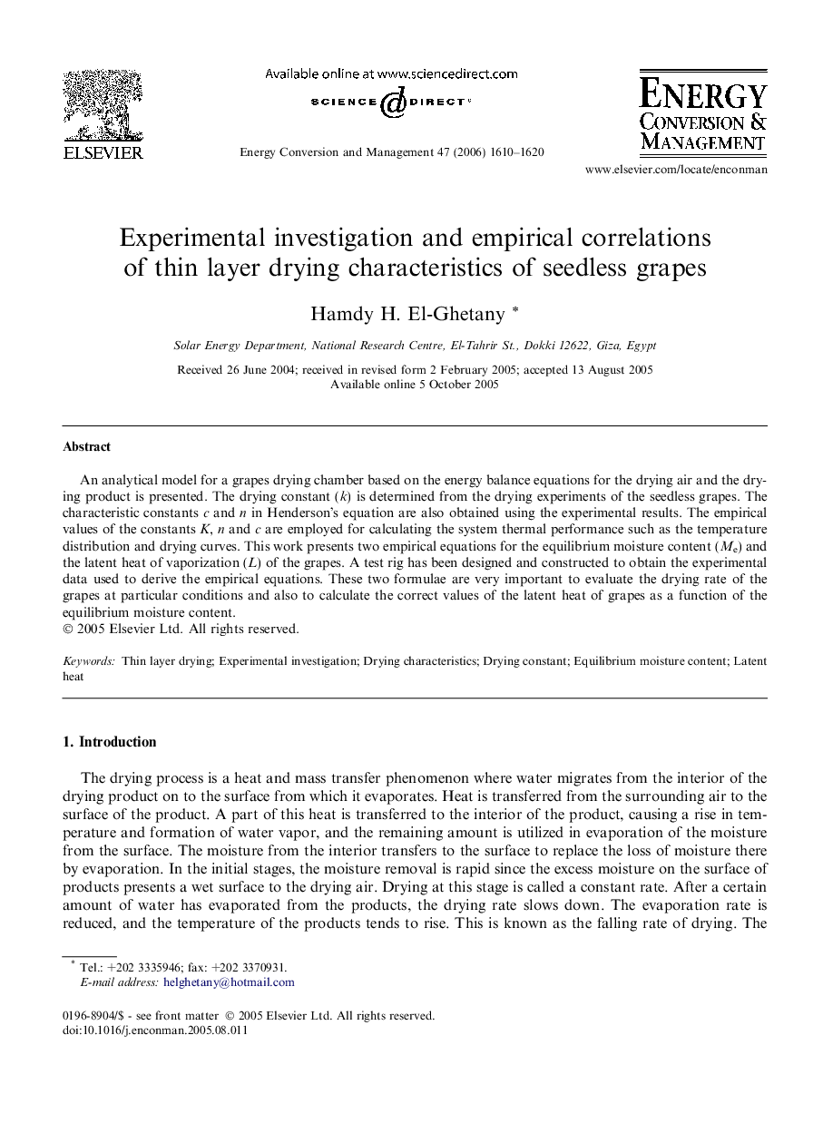 Experimental investigation and empirical correlations of thin layer drying characteristics of seedless grapes