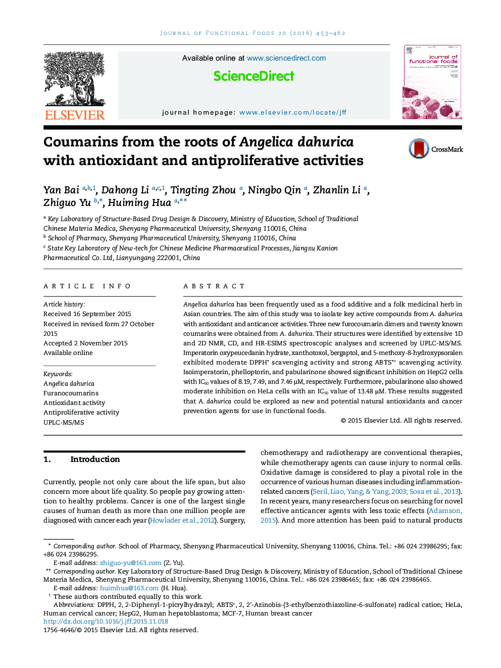Coumarins from the roots of Angelica dahurica with antioxidant and antiproliferative activities