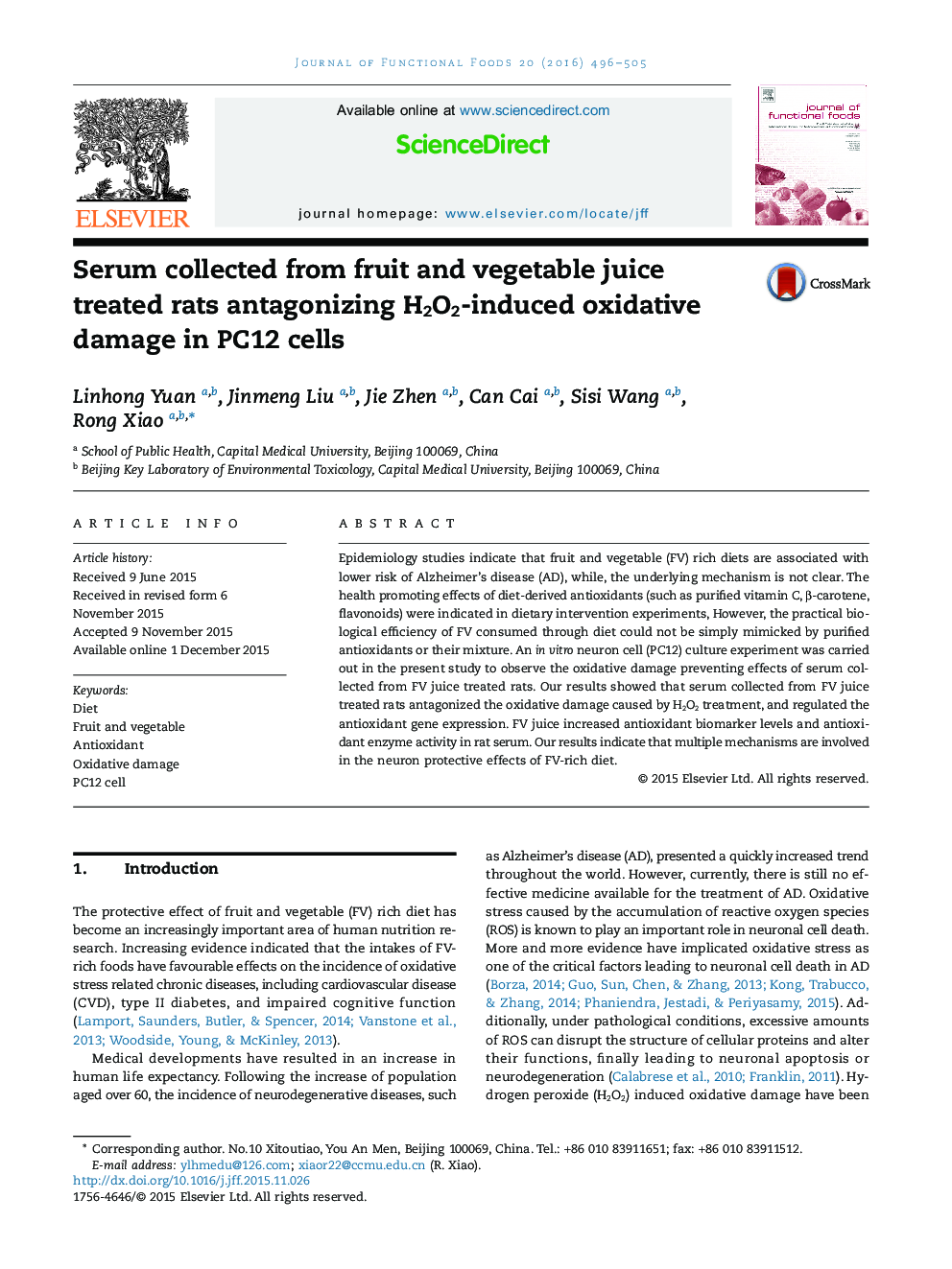 Serum collected from fruit and vegetable juice treated rats antagonizing H2O2-induced oxidative damage in PC12 cells