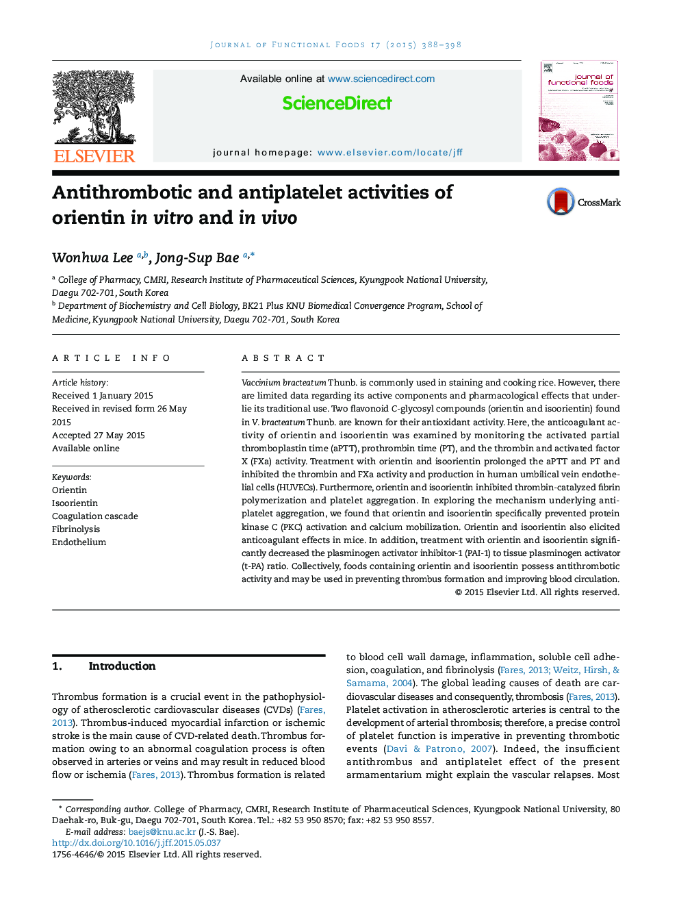 Antithrombotic and antiplatelet activities of orientin in vitro and in vivo