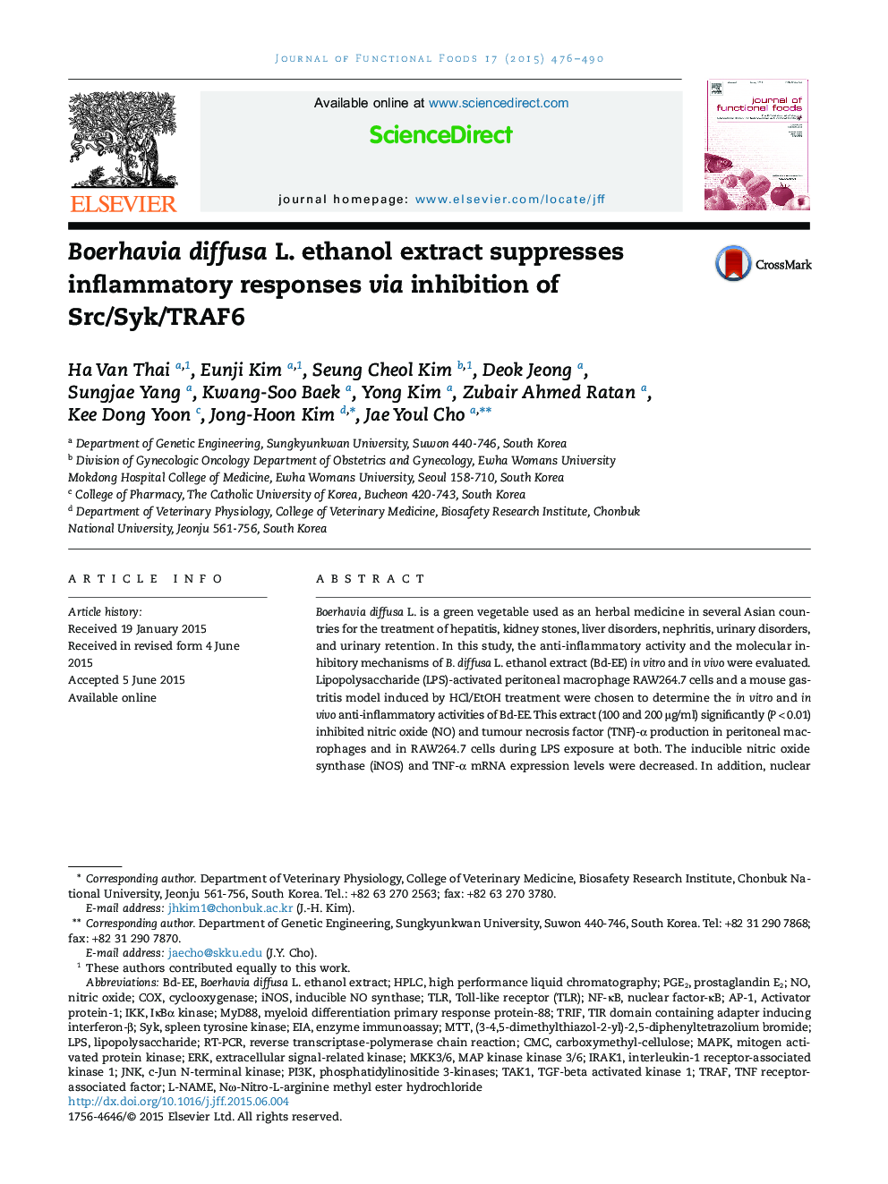 Boerhavia diffusa L. ethanol extract suppresses inflammatory responses via inhibition of Src/Syk/TRAF6