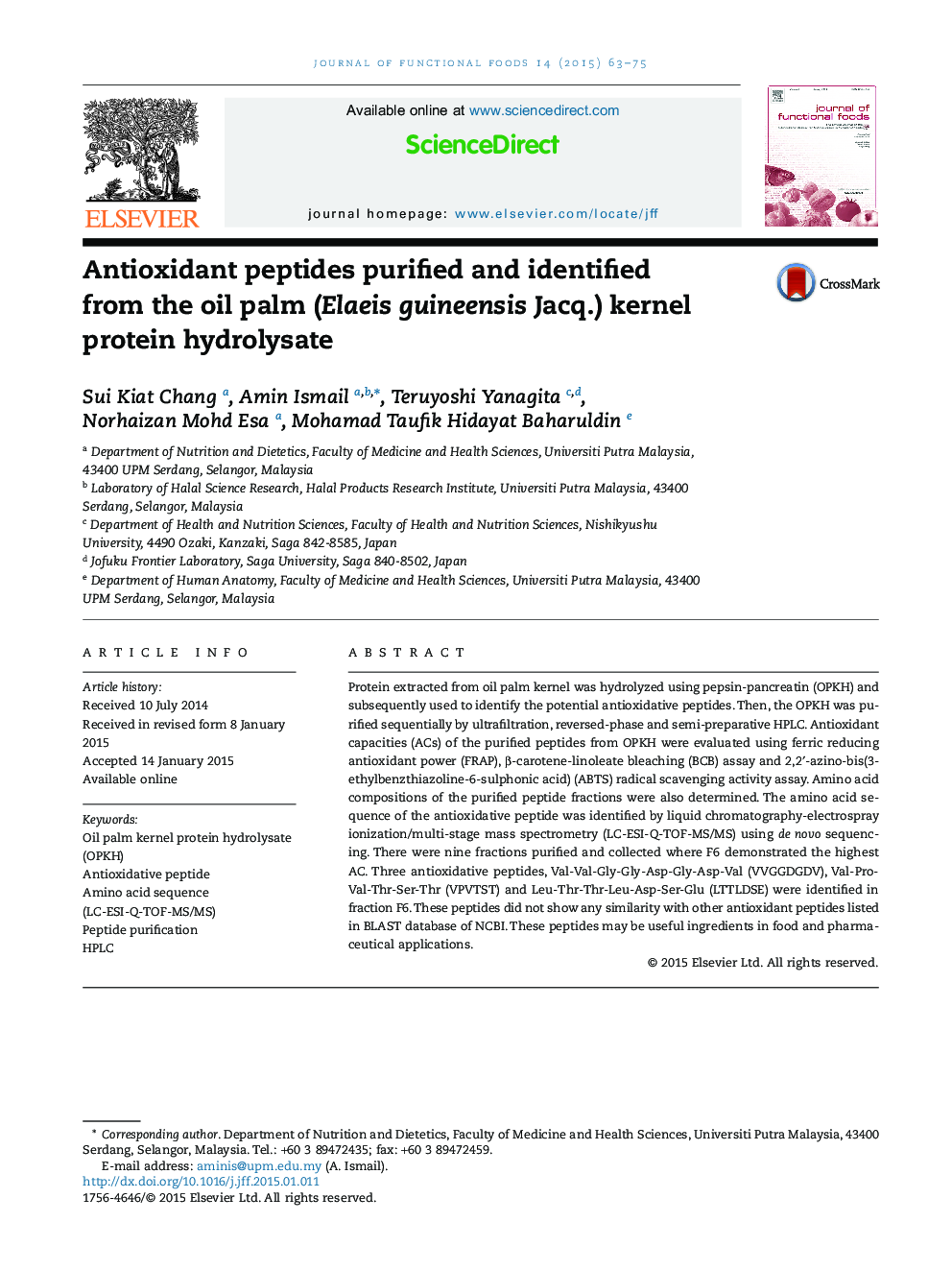 Antioxidant peptides purified and identified from the oil palm (Elaeis guineensis Jacq.) kernel protein hydrolysate