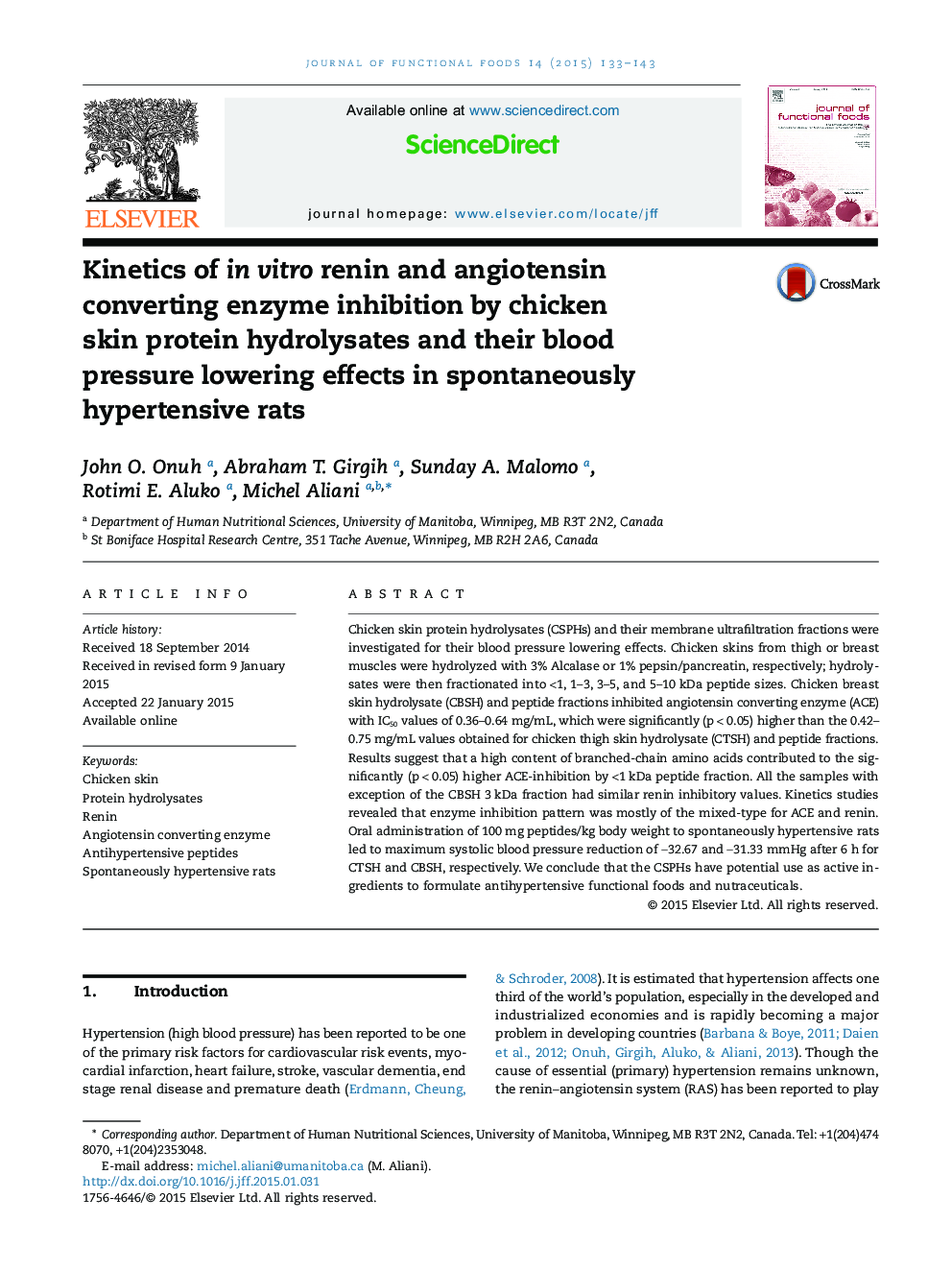 سینتیک انقباض آنزیمی تبدیل آنزیم رنین و آنژیوتانسین با استفاده از هیدرولیز پروتئین پوست مرغ و اثرات کاهش آن در موش های خودبهخود افزایش فشار خون 
