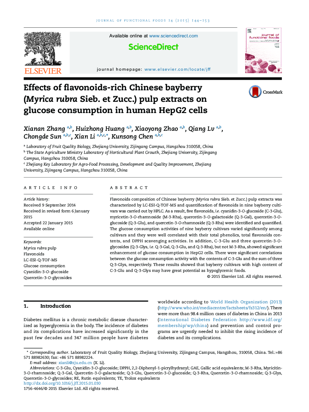 Effects of flavonoids-rich Chinese bayberry (Myrica rubra Sieb. et Zucc.) pulp extracts on glucose consumption in human HepG2 cells