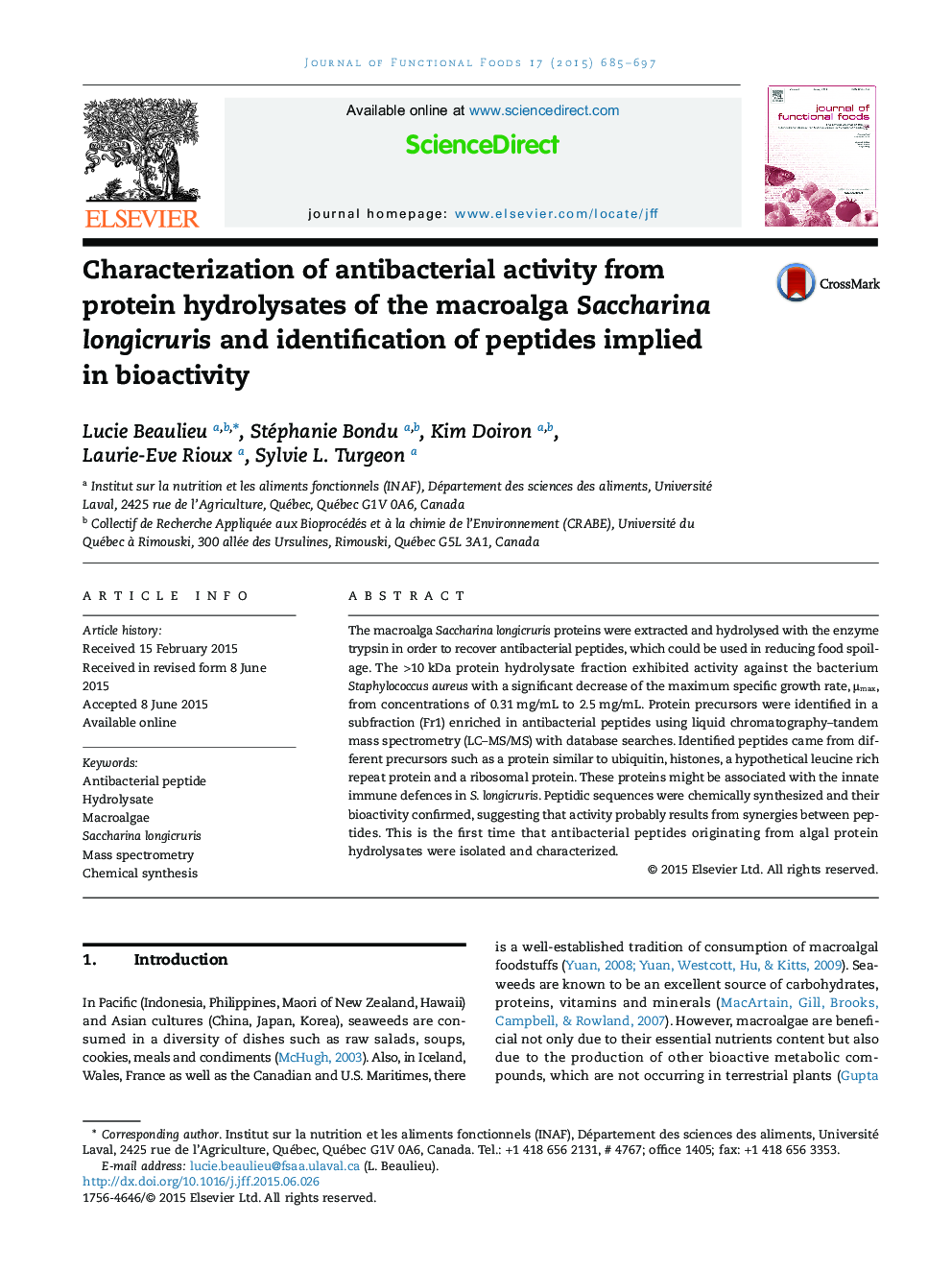 Characterization of antibacterial activity from protein hydrolysates of the macroalga Saccharina longicruris and identification of peptides implied in bioactivity