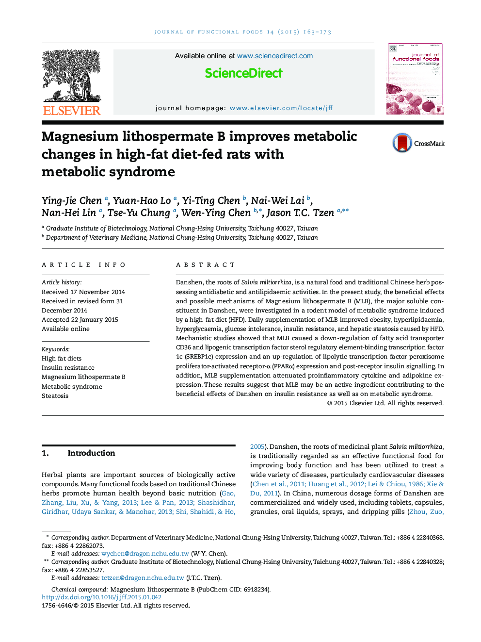 Magnesium lithospermate B improves metabolic changes in high-fat diet-fed rats with metabolic syndrome